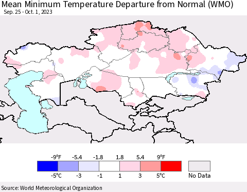 Kazakhstan Mean Minimum Temperature Departure from Normal (WMO) Thematic Map For 9/25/2023 - 10/1/2023