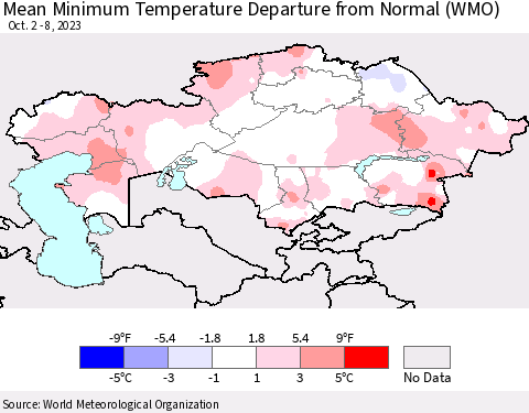 Kazakhstan Mean Minimum Temperature Departure from Normal (WMO) Thematic Map For 10/2/2023 - 10/8/2023