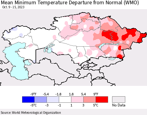 Kazakhstan Mean Minimum Temperature Departure from Normal (WMO) Thematic Map For 10/9/2023 - 10/15/2023