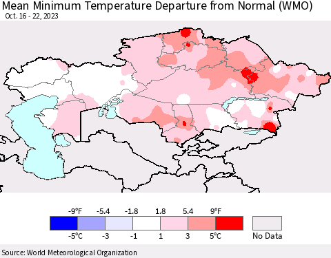 Kazakhstan Mean Minimum Temperature Departure from Normal (WMO) Thematic Map For 10/16/2023 - 10/22/2023