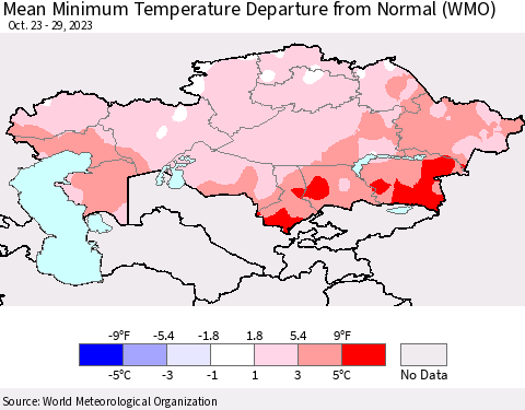 Kazakhstan Mean Minimum Temperature Departure from Normal (WMO) Thematic Map For 10/23/2023 - 10/29/2023