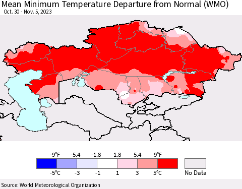 Kazakhstan Mean Minimum Temperature Departure from Normal (WMO) Thematic Map For 10/30/2023 - 11/5/2023