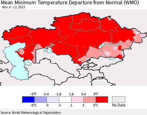 Kazakhstan Mean Minimum Temperature Departure from Normal (WMO) Thematic Map For 11/6/2023 - 11/12/2023