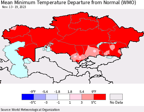 Kazakhstan Mean Minimum Temperature Departure from Normal (WMO) Thematic Map For 11/13/2023 - 11/19/2023