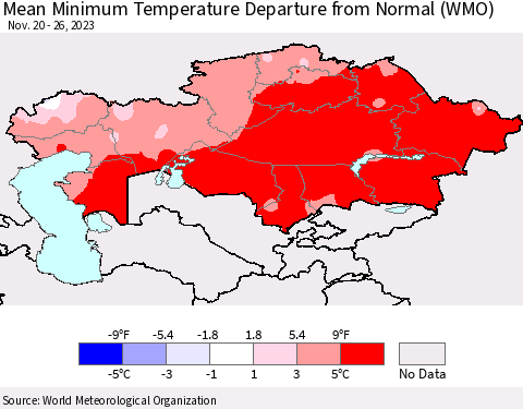 Kazakhstan Mean Minimum Temperature Departure from Normal (WMO) Thematic Map For 11/20/2023 - 11/26/2023