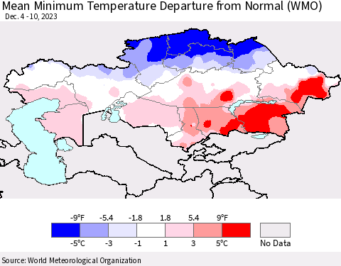 Kazakhstan Mean Minimum Temperature Departure from Normal (WMO) Thematic Map For 12/4/2023 - 12/10/2023