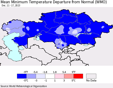Kazakhstan Mean Minimum Temperature Departure from Normal (WMO) Thematic Map For 12/11/2023 - 12/17/2023
