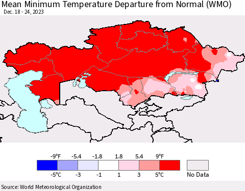 Kazakhstan Mean Minimum Temperature Departure from Normal (WMO) Thematic Map For 12/18/2023 - 12/24/2023