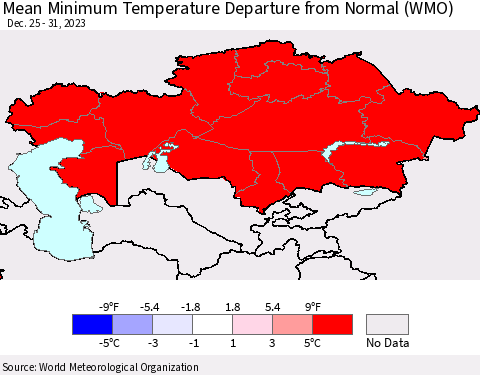 Kazakhstan Mean Minimum Temperature Departure from Normal (WMO) Thematic Map For 12/25/2023 - 12/31/2023