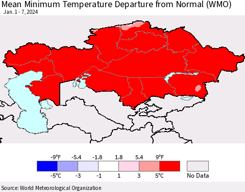 Kazakhstan Mean Minimum Temperature Departure from Normal (WMO) Thematic Map For 1/1/2024 - 1/7/2024
