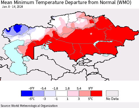 Kazakhstan Mean Minimum Temperature Departure from Normal (WMO) Thematic Map For 1/8/2024 - 1/14/2024