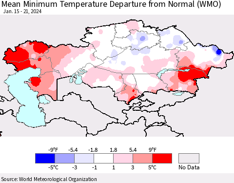 Kazakhstan Mean Minimum Temperature Departure from Normal (WMO) Thematic Map For 1/15/2024 - 1/21/2024