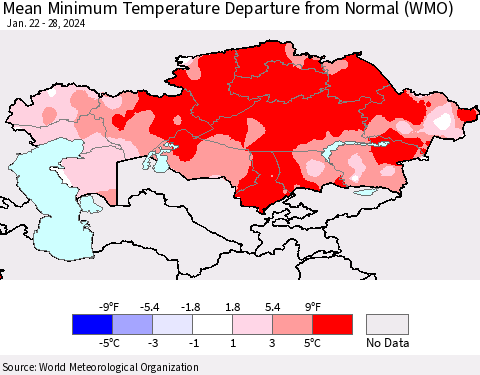 Kazakhstan Mean Minimum Temperature Departure from Normal (WMO) Thematic Map For 1/22/2024 - 1/28/2024