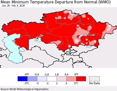 Kazakhstan Mean Minimum Temperature Departure from Normal (WMO) Thematic Map For 1/29/2024 - 2/4/2024