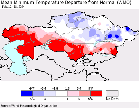 Kazakhstan Mean Minimum Temperature Departure from Normal (WMO) Thematic Map For 2/12/2024 - 2/18/2024