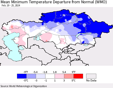 Kazakhstan Mean Minimum Temperature Departure from Normal (WMO) Thematic Map For 2/19/2024 - 2/25/2024