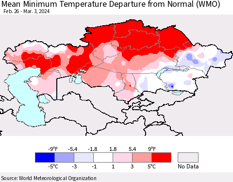 Kazakhstan Mean Minimum Temperature Departure from Normal (WMO) Thematic Map For 2/26/2024 - 3/3/2024