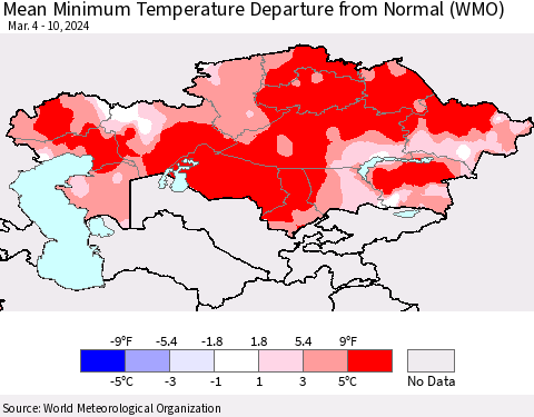 Kazakhstan Mean Minimum Temperature Departure from Normal (WMO) Thematic Map For 3/4/2024 - 3/10/2024