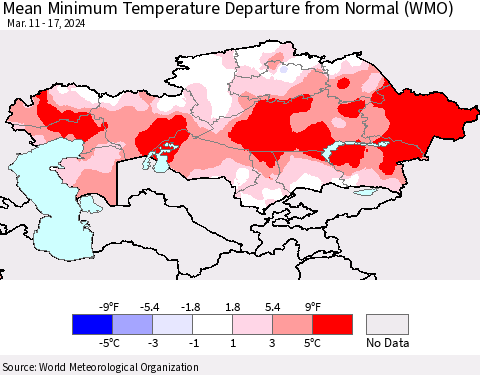 Kazakhstan Mean Minimum Temperature Departure from Normal (WMO) Thematic Map For 3/11/2024 - 3/17/2024