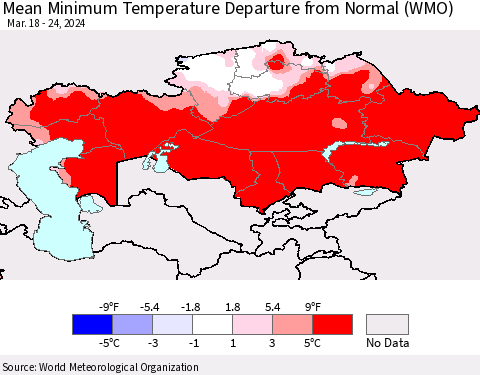 Kazakhstan Mean Minimum Temperature Departure from Normal (WMO) Thematic Map For 3/18/2024 - 3/24/2024