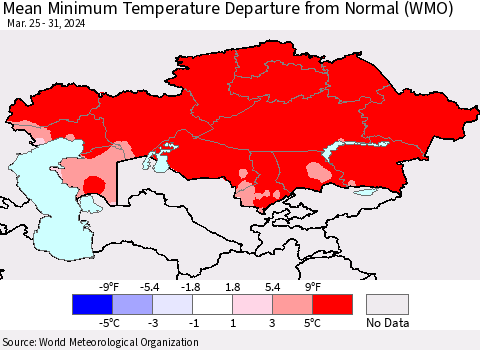 Kazakhstan Mean Minimum Temperature Departure from Normal (WMO) Thematic Map For 3/25/2024 - 3/31/2024
