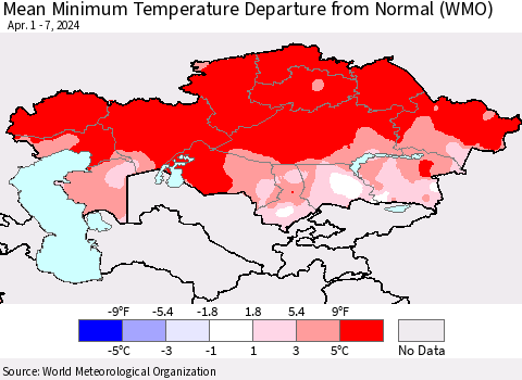 Kazakhstan Mean Minimum Temperature Departure from Normal (WMO) Thematic Map For 4/1/2024 - 4/7/2024