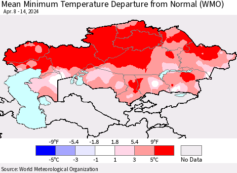 Kazakhstan Mean Minimum Temperature Departure from Normal (WMO) Thematic Map For 4/8/2024 - 4/14/2024