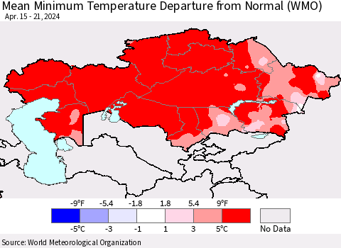 Kazakhstan Mean Minimum Temperature Departure from Normal (WMO) Thematic Map For 4/15/2024 - 4/21/2024