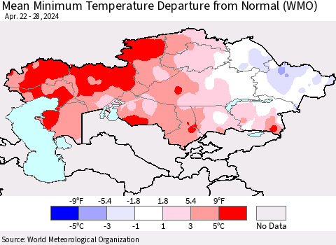 Kazakhstan Mean Minimum Temperature Departure from Normal (WMO) Thematic Map For 4/22/2024 - 4/28/2024