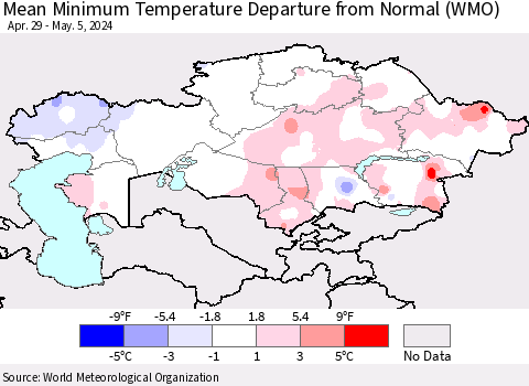 Kazakhstan Mean Minimum Temperature Departure from Normal (WMO) Thematic Map For 4/29/2024 - 5/5/2024
