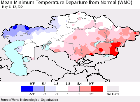 Kazakhstan Mean Minimum Temperature Departure from Normal (WMO) Thematic Map For 5/6/2024 - 5/12/2024