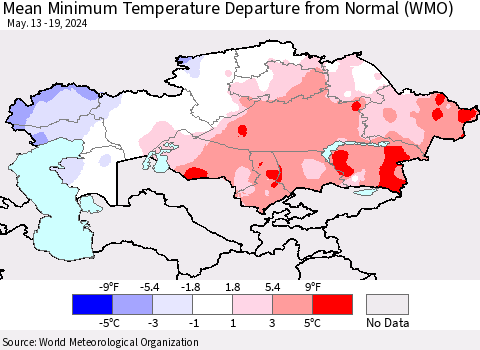 Kazakhstan Mean Minimum Temperature Departure from Normal (WMO) Thematic Map For 5/13/2024 - 5/19/2024