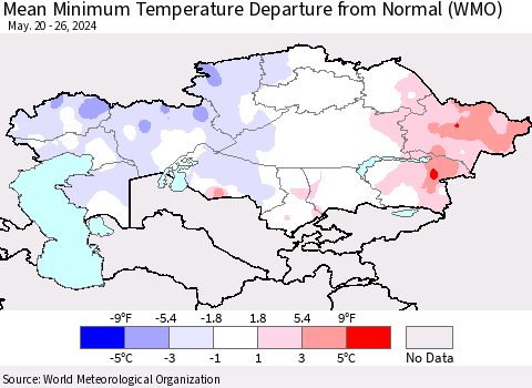 Kazakhstan Mean Minimum Temperature Departure from Normal (WMO) Thematic Map For 5/20/2024 - 5/26/2024
