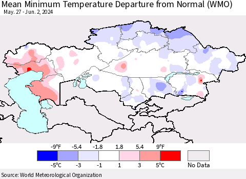 Kazakhstan Mean Minimum Temperature Departure from Normal (WMO) Thematic Map For 5/27/2024 - 6/2/2024
