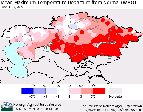Kazakhstan Mean Maximum Temperature Departure from Normal (WMO) Thematic Map For 4/4/2022 - 4/10/2022