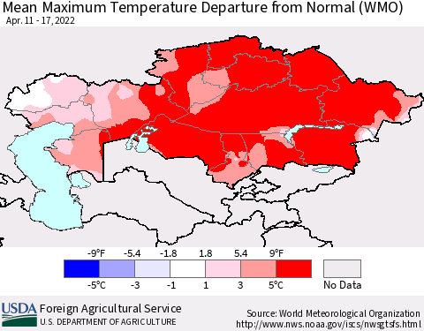 Kazakhstan Mean Maximum Temperature Departure from Normal (WMO) Thematic Map For 4/11/2022 - 4/17/2022