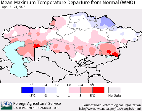 Kazakhstan Mean Maximum Temperature Departure from Normal (WMO) Thematic Map For 4/18/2022 - 4/24/2022