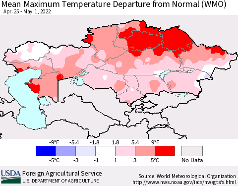 Kazakhstan Mean Maximum Temperature Departure from Normal (WMO) Thematic Map For 4/25/2022 - 5/1/2022
