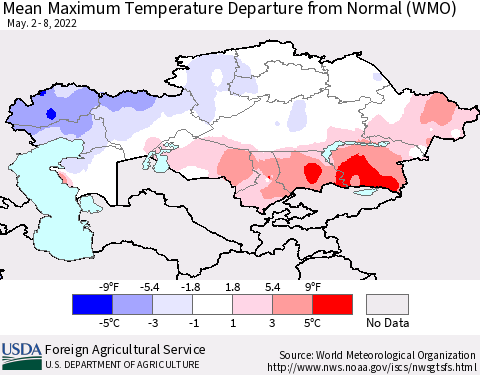 Kazakhstan Mean Maximum Temperature Departure from Normal (WMO) Thematic Map For 5/2/2022 - 5/8/2022