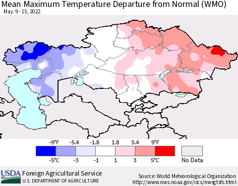 Kazakhstan Mean Maximum Temperature Departure from Normal (WMO) Thematic Map For 5/9/2022 - 5/15/2022