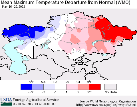 Kazakhstan Mean Maximum Temperature Departure from Normal (WMO) Thematic Map For 5/16/2022 - 5/22/2022