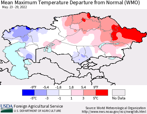 Kazakhstan Mean Maximum Temperature Departure from Normal (WMO) Thematic Map For 5/23/2022 - 5/29/2022