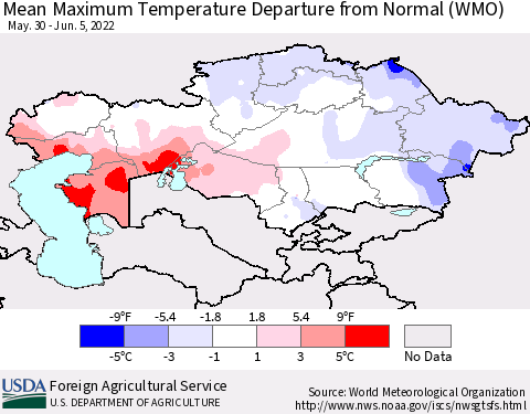 Kazakhstan Mean Maximum Temperature Departure from Normal (WMO) Thematic Map For 5/30/2022 - 6/5/2022