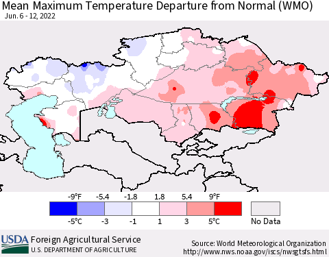 Kazakhstan Mean Maximum Temperature Departure from Normal (WMO) Thematic Map For 6/6/2022 - 6/12/2022