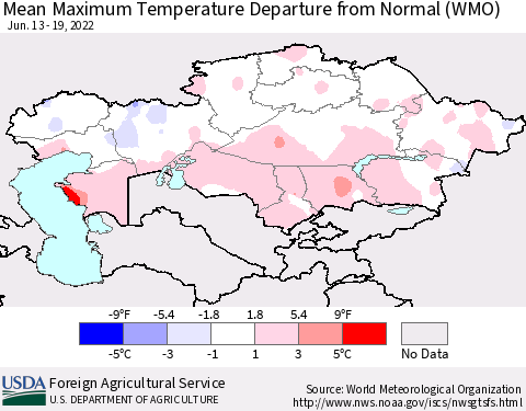 Kazakhstan Mean Maximum Temperature Departure from Normal (WMO) Thematic Map For 6/13/2022 - 6/19/2022