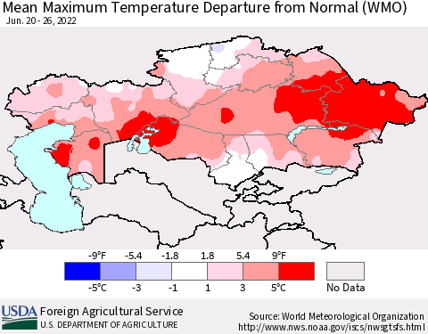 Kazakhstan Mean Maximum Temperature Departure from Normal (WMO) Thematic Map For 6/20/2022 - 6/26/2022