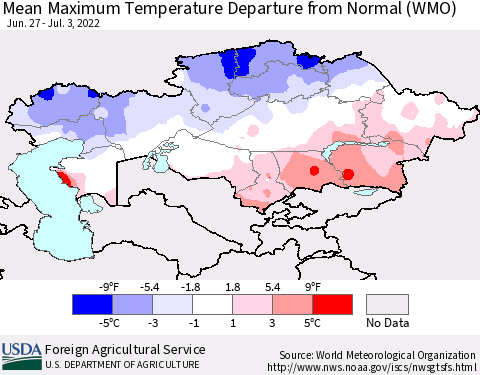 Kazakhstan Mean Maximum Temperature Departure from Normal (WMO) Thematic Map For 6/27/2022 - 7/3/2022
