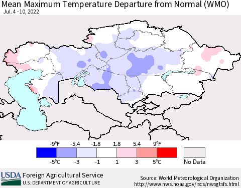 Kazakhstan Mean Maximum Temperature Departure from Normal (WMO) Thematic Map For 7/4/2022 - 7/10/2022