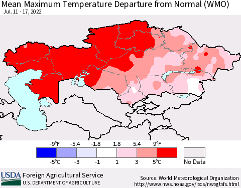 Kazakhstan Mean Maximum Temperature Departure from Normal (WMO) Thematic Map For 7/11/2022 - 7/17/2022