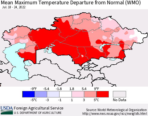 Kazakhstan Mean Maximum Temperature Departure from Normal (WMO) Thematic Map For 7/18/2022 - 7/24/2022